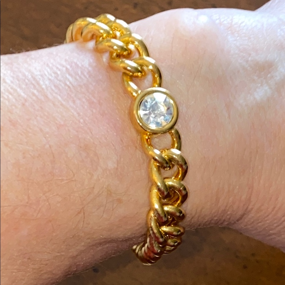 Ann Klein Chain Bracelet Crystal Rhinestone Bezel Accent Gold Chinky AK Tag VTG